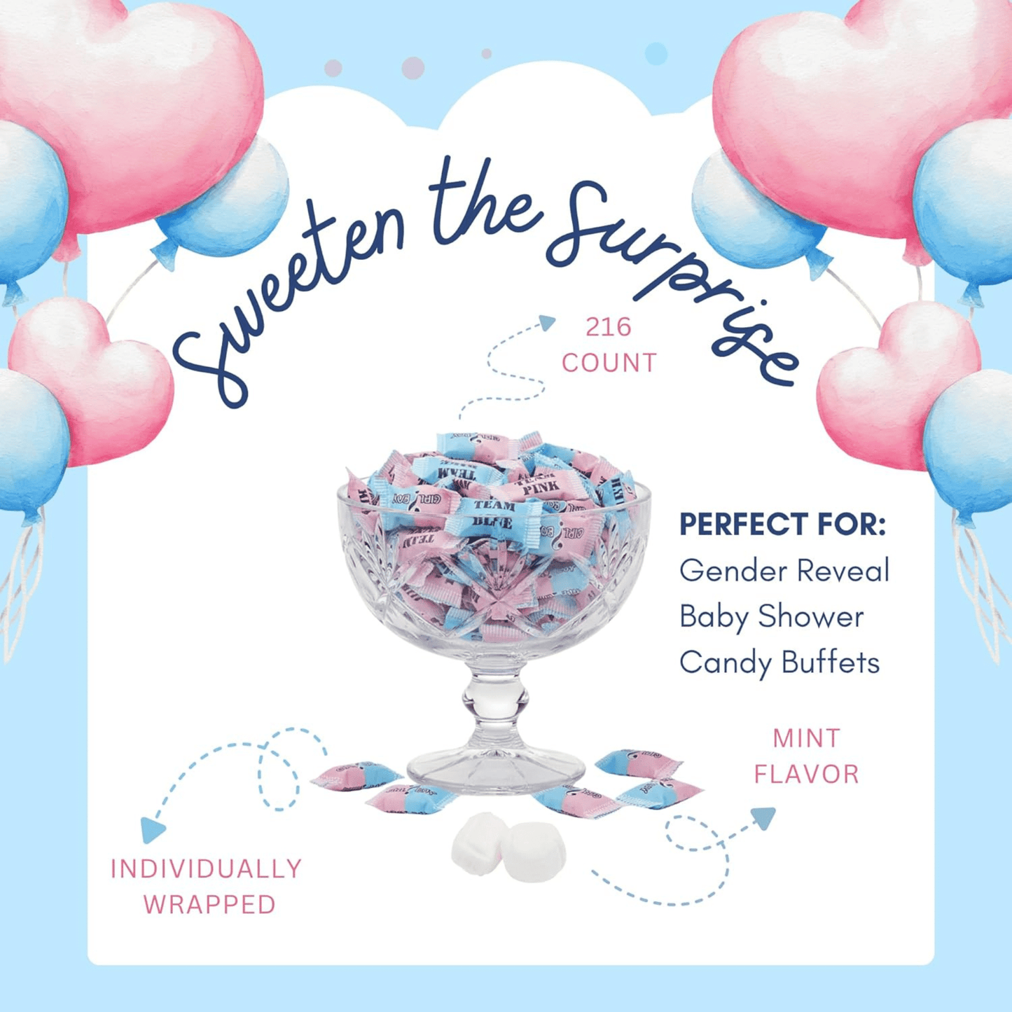 216ct Gender Reveal Buttermints – Individually Wrapped Pink and Blue Candy for Baby Shower Favors, Gender Reveal Snacks, Team Pink and Team Blue - Buttermint Cream Co.