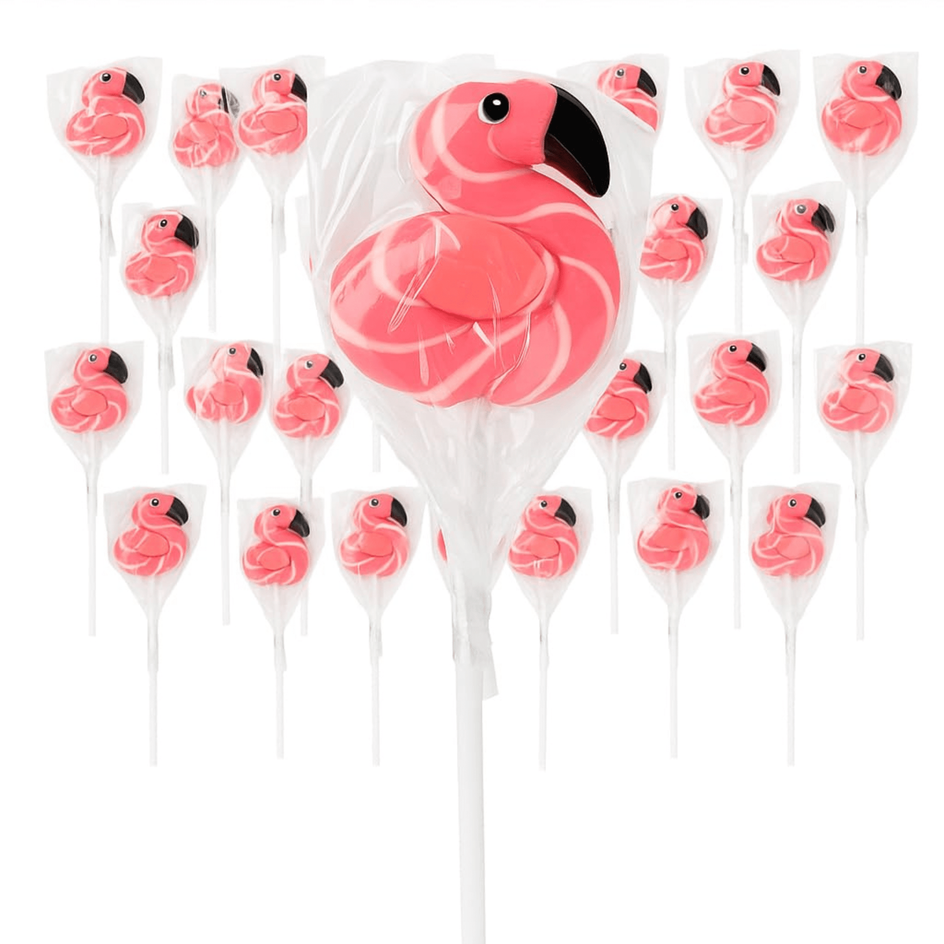 Flamingo Swirl Lollipops – 24 Pack Bulk Candy, Individually Wrapped Pink Swirl Suckers for Flamingo Party Favors, Luau Candy, Pool Party or Birthday Decorations - Birthday911
