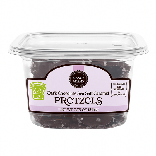 Nancy Adams Dark Chocolate Sea Salt Caramel Pretzels 7.75 OZ Tub - Buttermint Cream Co.