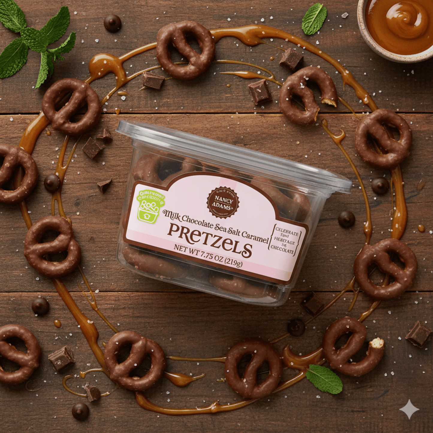Nancy Adams Milk Chocolate Caramel Pretzels 7.75 OZ Tub - Buttermint Cream Co.